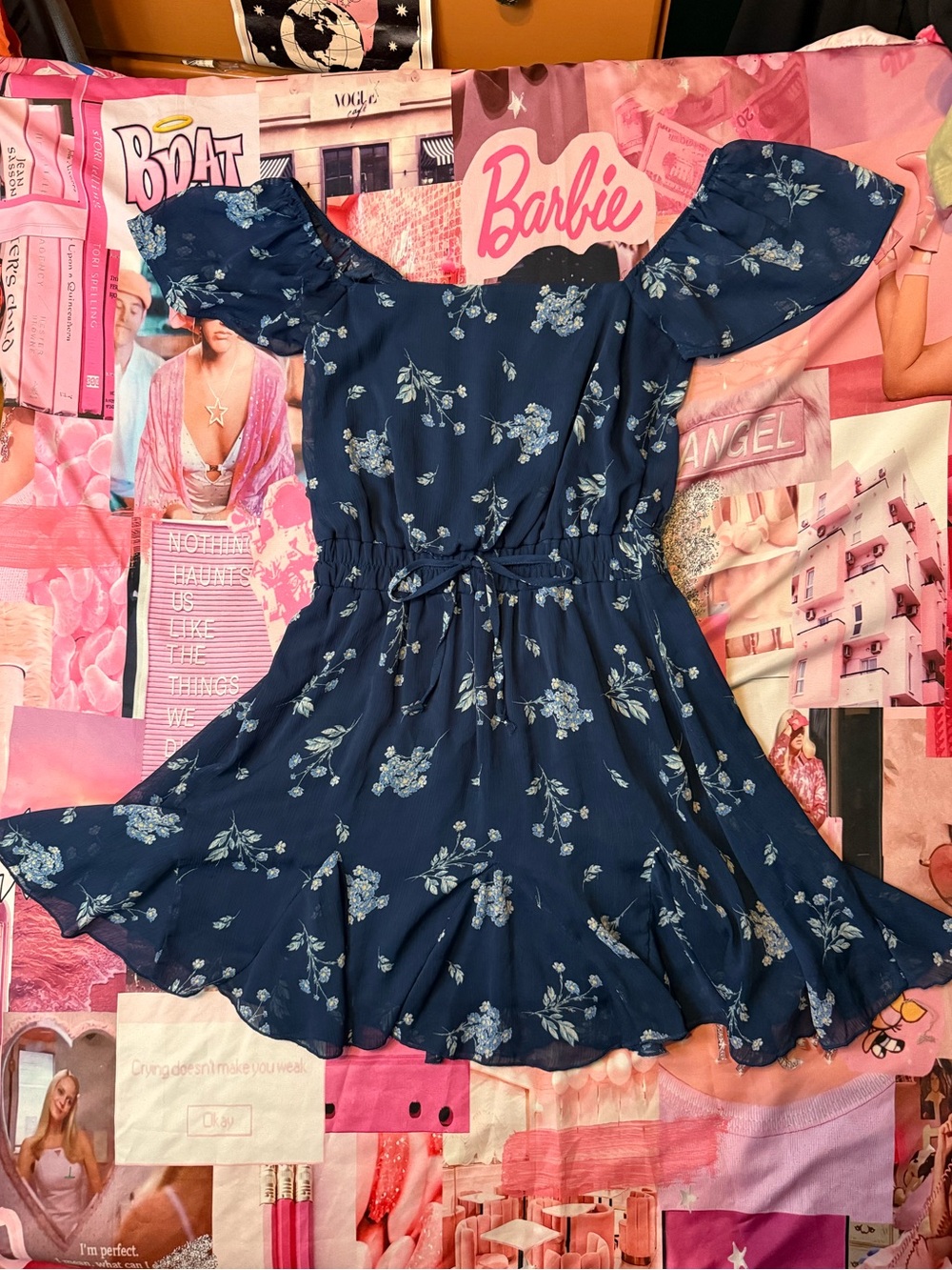 Navy Blue Floral Puff-Sleeve Mini Dress